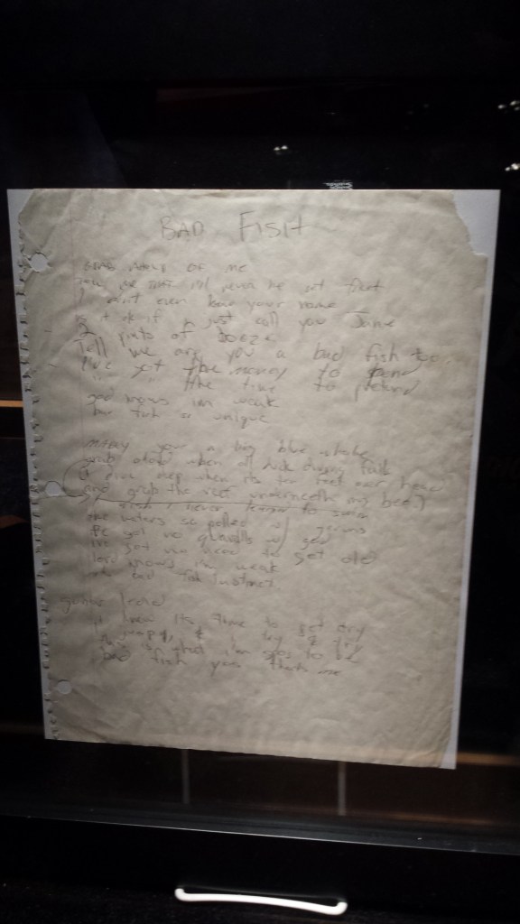 The genuine notebook paper that Bradley Nowell penned the song "Badfish" (Hard Rock Casino).